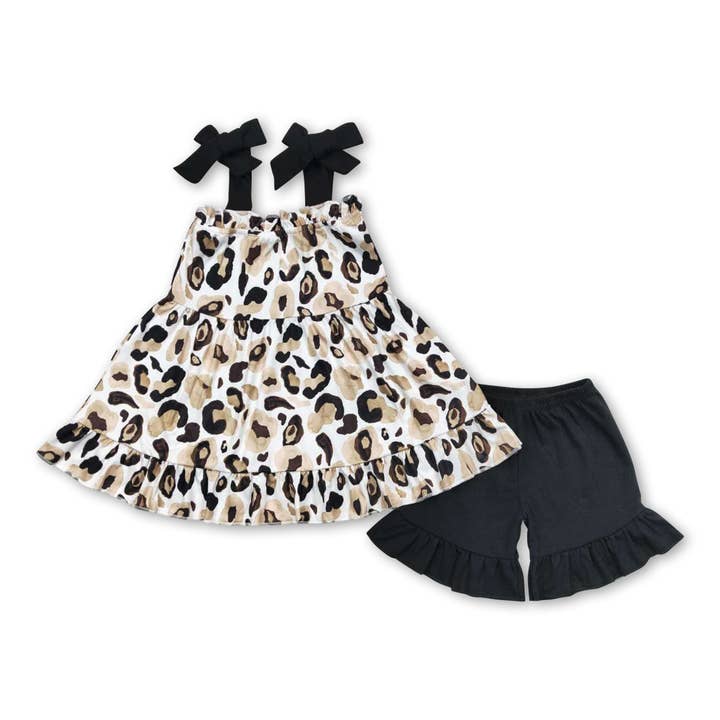 Yawoo Garments - Wholesale Top & Short Set - Kids - Black straps leopard tunic ruffle shorts girls clothes