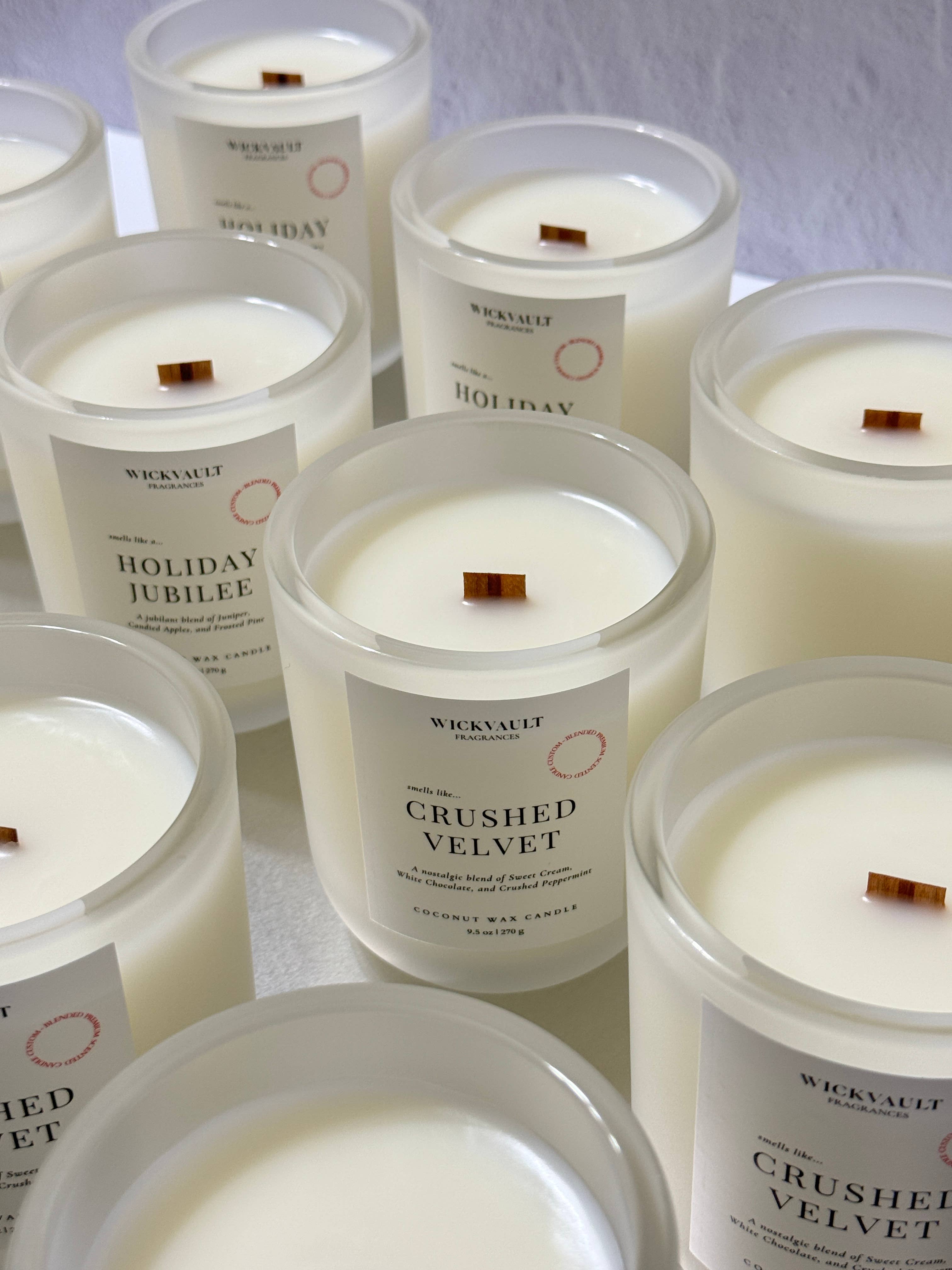 Wick Vault Fragrances - Wholesale Jar/Filled Candle - Crushed Velvet - 9.5 oz Frosted Glass Coconut Soy Wax Candle w/ Wooden Wick2