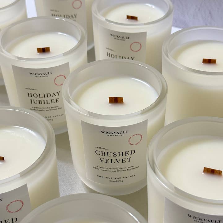 Wick Vault Fragrances - Wholesale Jar/Filled Candle - Crushed Velvet - 9.5 oz Frosted Glass Coconut Soy Wax Candle w/ Wooden Wick2