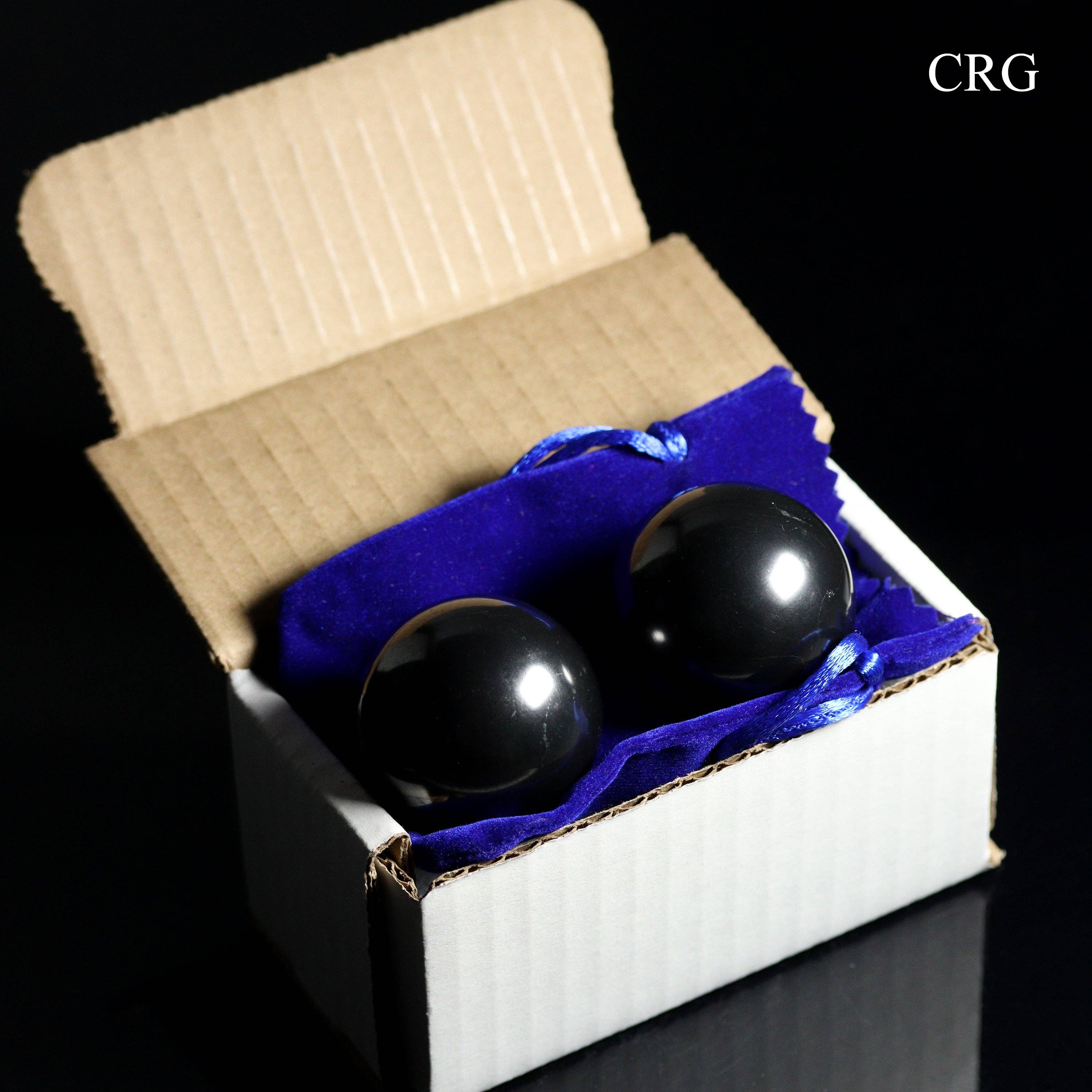 Crystal River Gems LLC - Wholesale Spiritual Stone/Crystal - Qty-1 Pair of Shungite Baoding Massage Relaxation Balls w/ velvet bag - 40mm