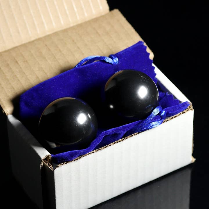 Crystal River Gems LLC - Wholesale Spiritual Stone/Crystal - Qty-1 Pair of Shungite Baoding Massage Relaxation Balls w/ velvet bag - 40mm0