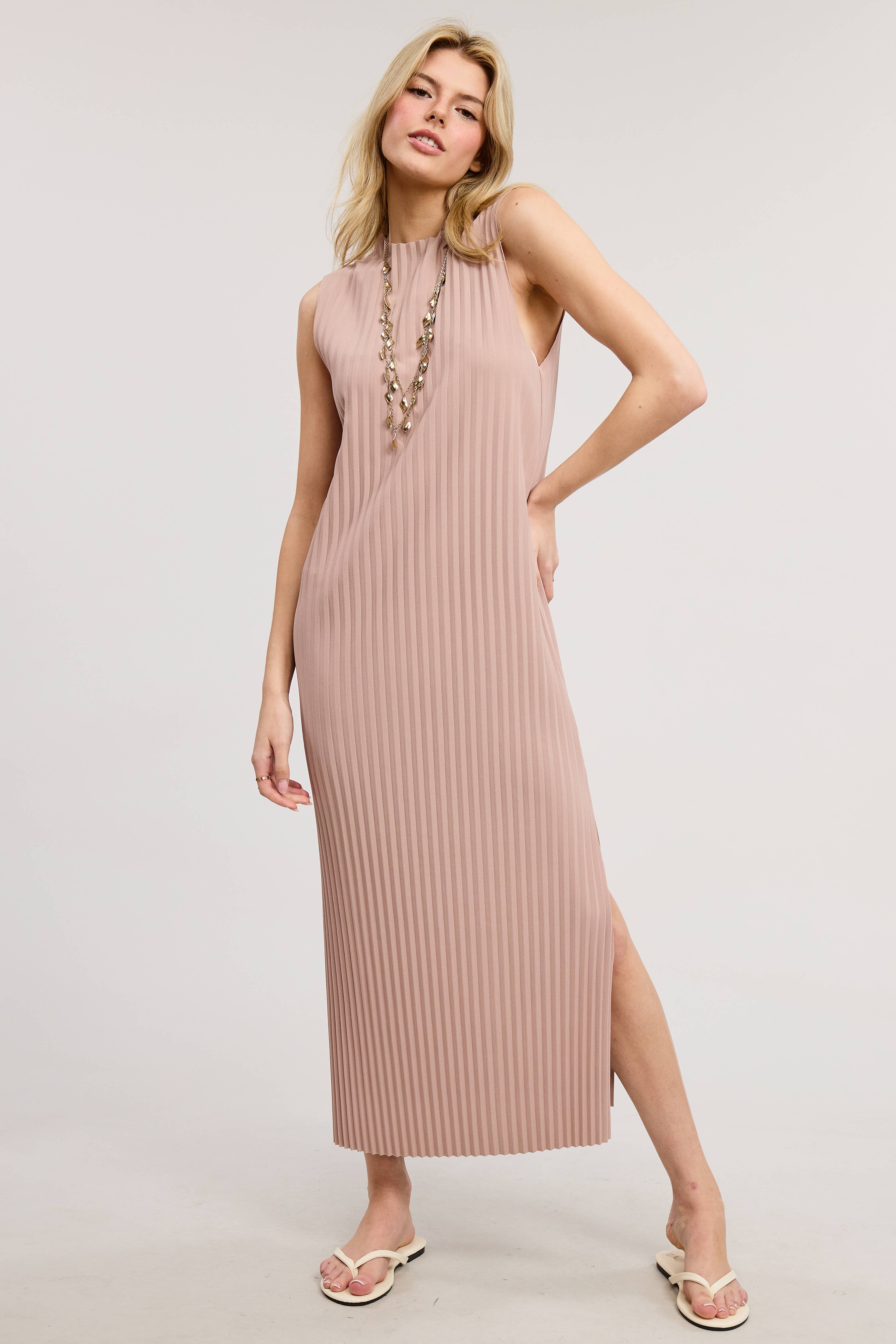 Mimosa - Wholesale Dress - Women's - Sleeveless Pleated Midi Dress with Side Slit10