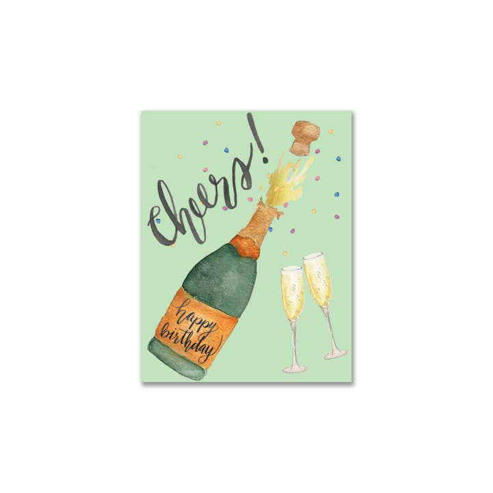 Fødselsdag lykønskningskort | Popping Champagne Cheers akvarel for engroshandel hos Ruby Charles Designs