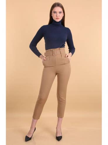 High Waisted Belted Trousers - Beige for wholesale by Mani Textile