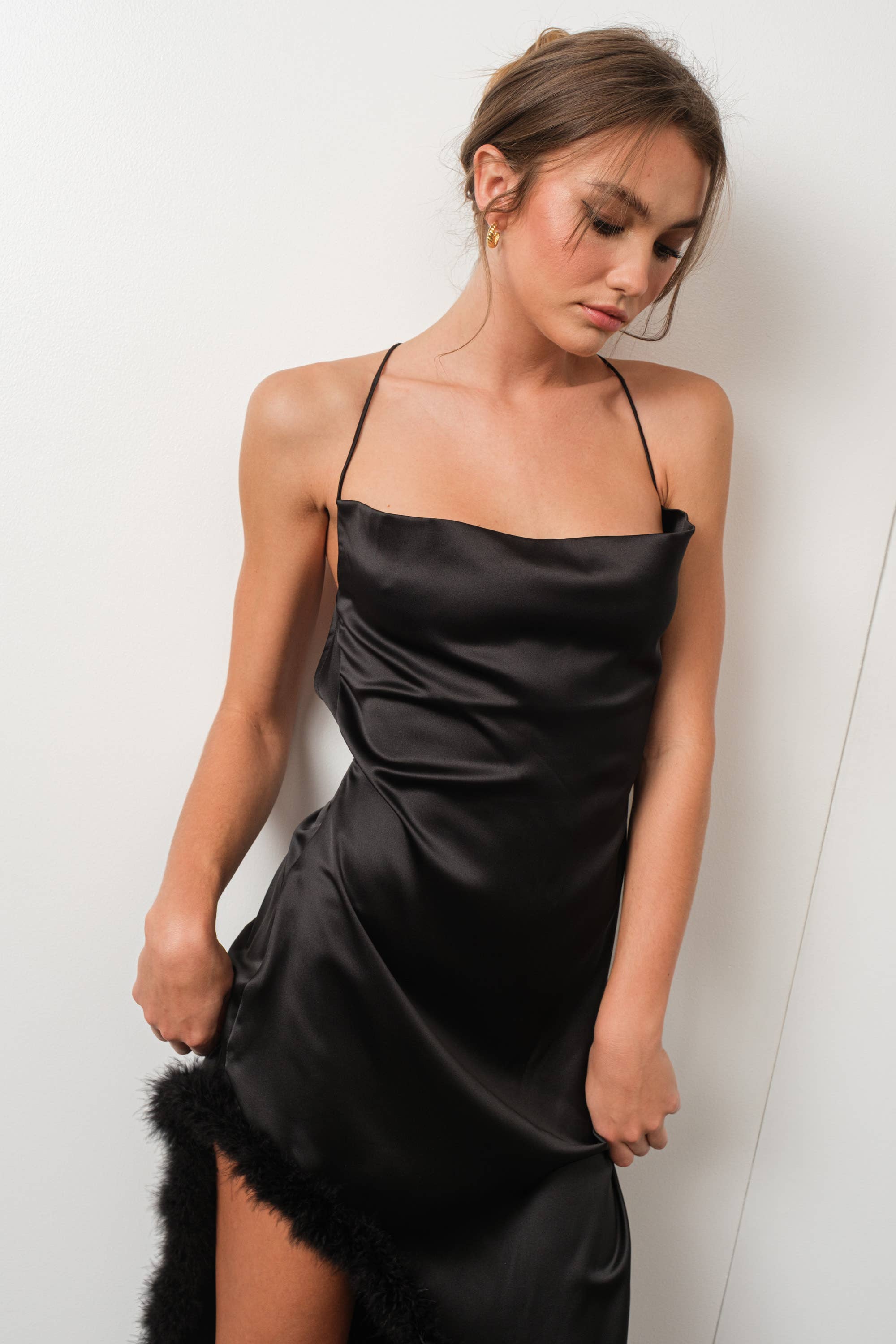 Pretty Garbage – wholesale Dress – Women's – FEATHER TRIM SATIN MAXI DRESS7