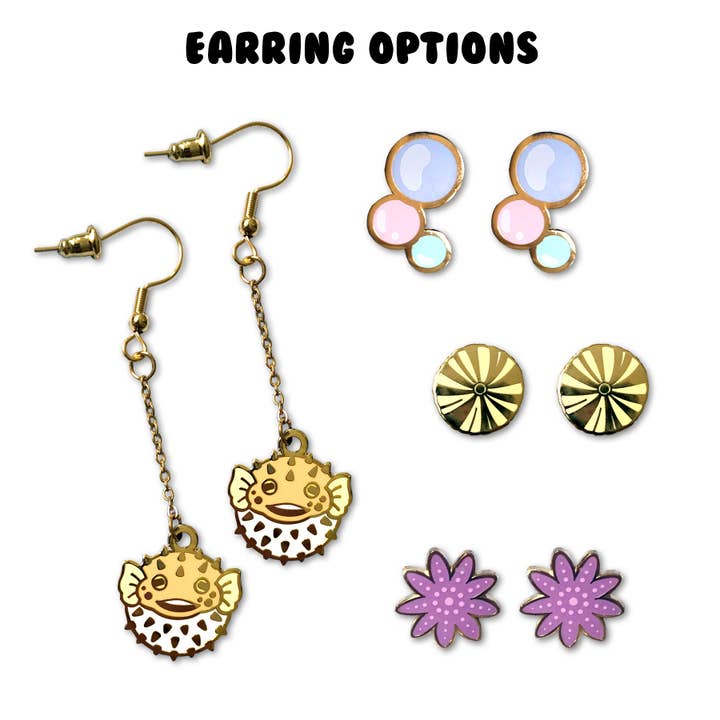 Boucles d'oreilles océan/mer (poisson-globe, étoile de mer, oursin et bulles) pour la vente par Shishido Creative
