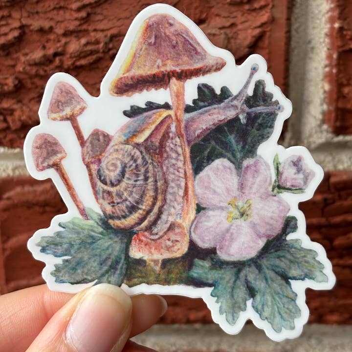 Geranium and Mushrooms Snail Sticker for wholesale by Shelly and Hop's Paper Shop