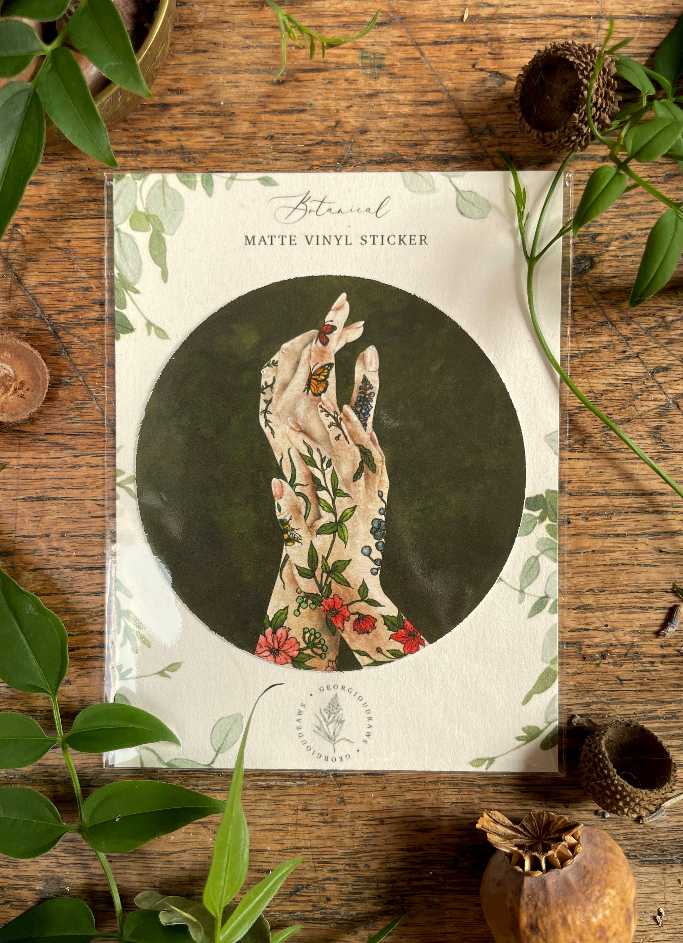Georgiou Draws – wholesale Sticker – 'The Botanist' botanical floral tattooed hands Vinyl Sticker0