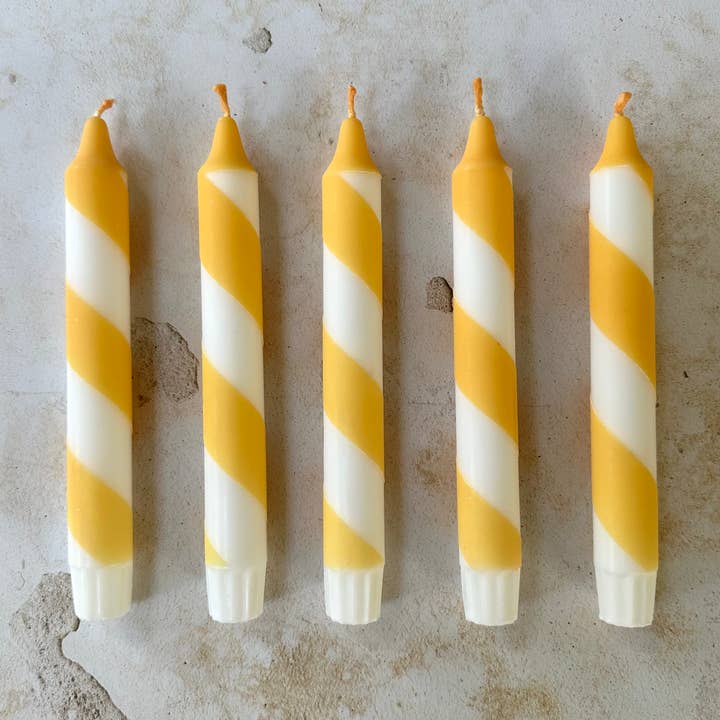 Butter Yellow & White Candy Cane Stripe Hand Dipped Candles for wholesale by Florrie and Wren