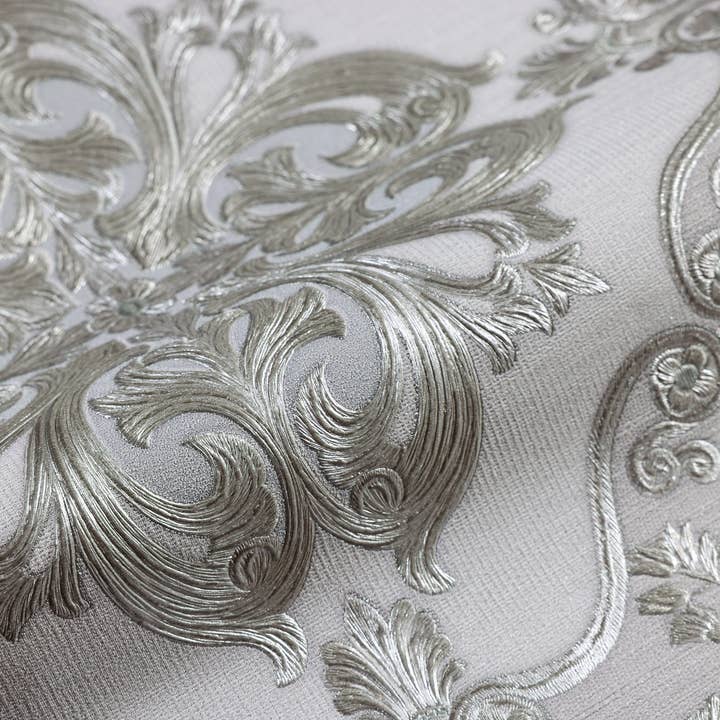 Luxury White Damask Embossed Wallpaper, Rich Textured Wallpaper, Extra Wide 114 sq ft Roll, Shiny Wall Paper, Washable Wall Covering, Decor for wholesale by Walloro Luxury Embossed Wallpaper