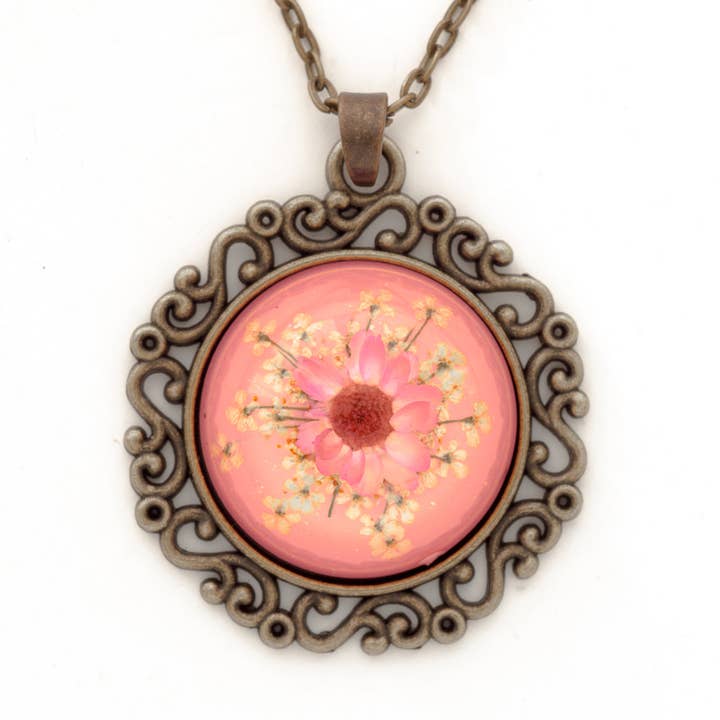 Colar Flor Classic Orb Pink por atacado de Hanami Real Flower Jewelry