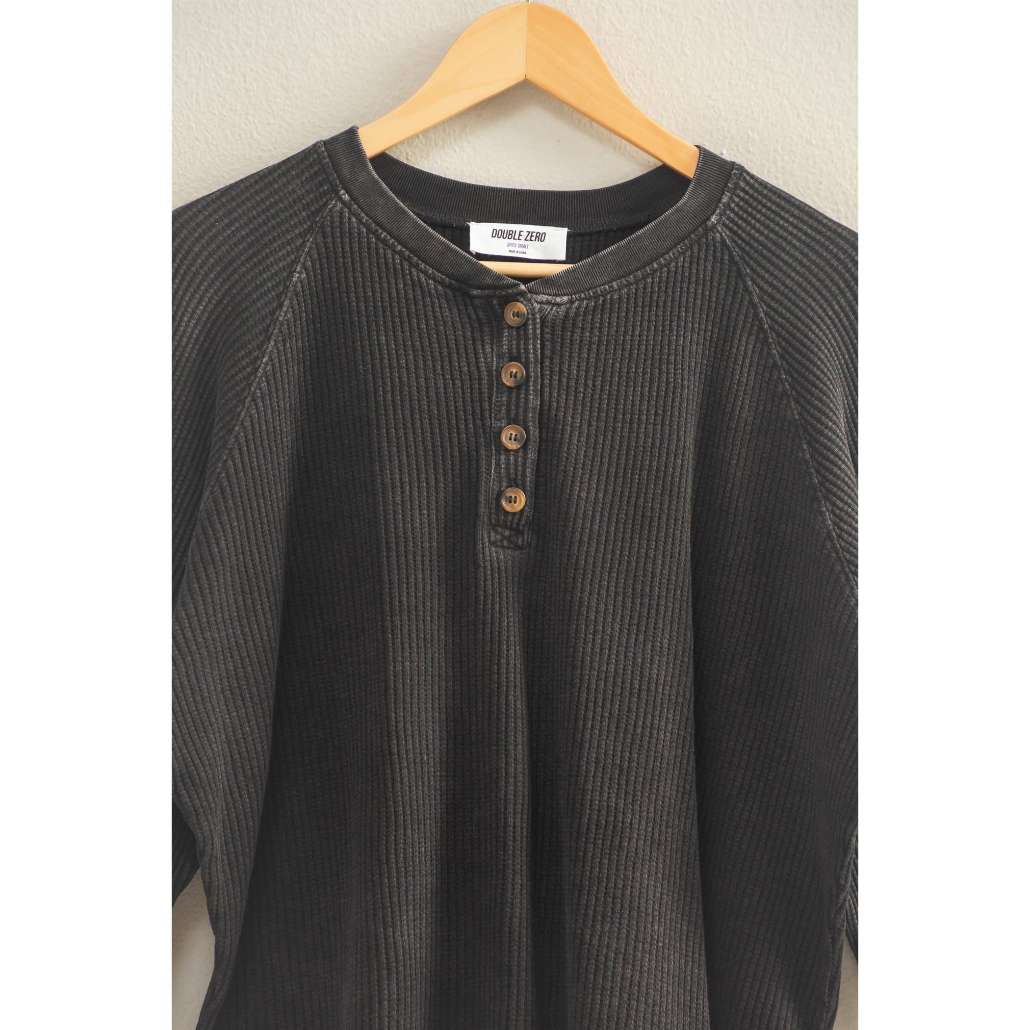 Double Zero - Wholesale Sweatshirt - Women's - Mineral Washed Henley Waffle Raglan Sleeve Top2