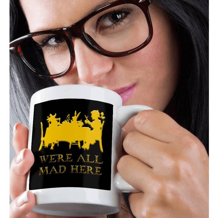 3dRose - Wholesale Coffee Mug - 3dRose, A girl, a rabbit at a tea table. We are all mad here text. Funny gift, Mug9