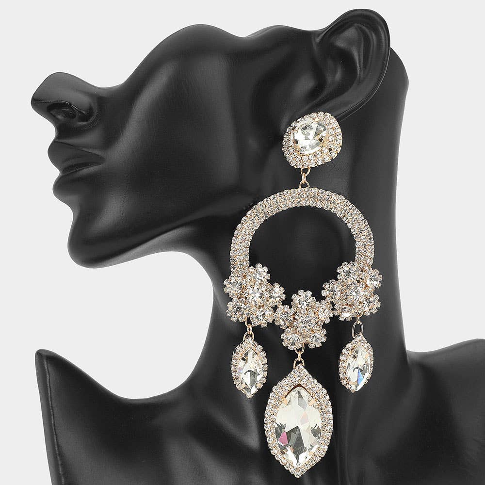 Sensibling Corp. – wholesale Dangle earrings – Oversized Rhinestone Paved Triple Flower Marquise Glass Stone Cluster Link Drop Chandelier Evening Earrings7