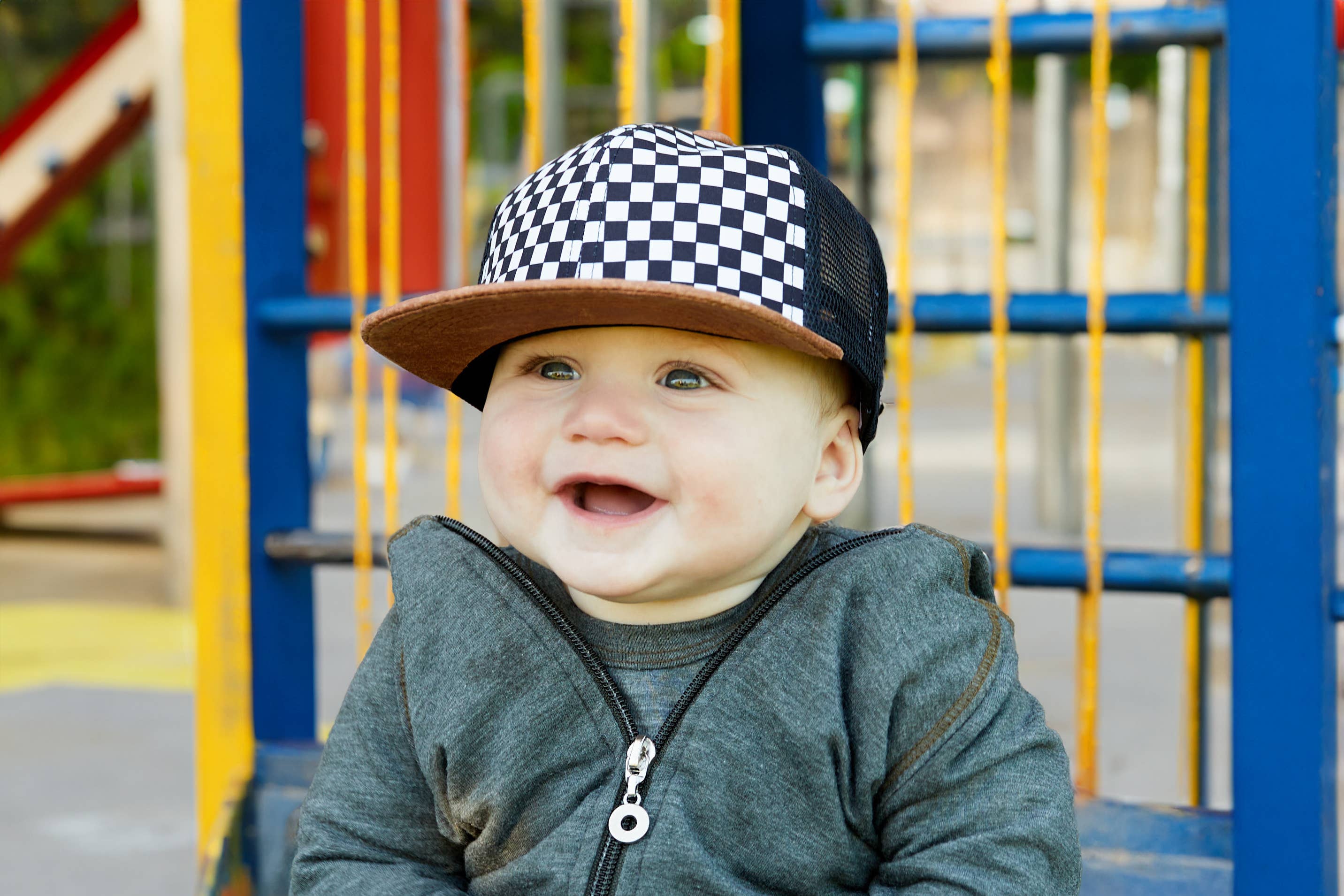 Funky Junque – wholesale Kids hat – Kids – Flat Brim Trucker Hat - Checker/Faux Leather Brim1