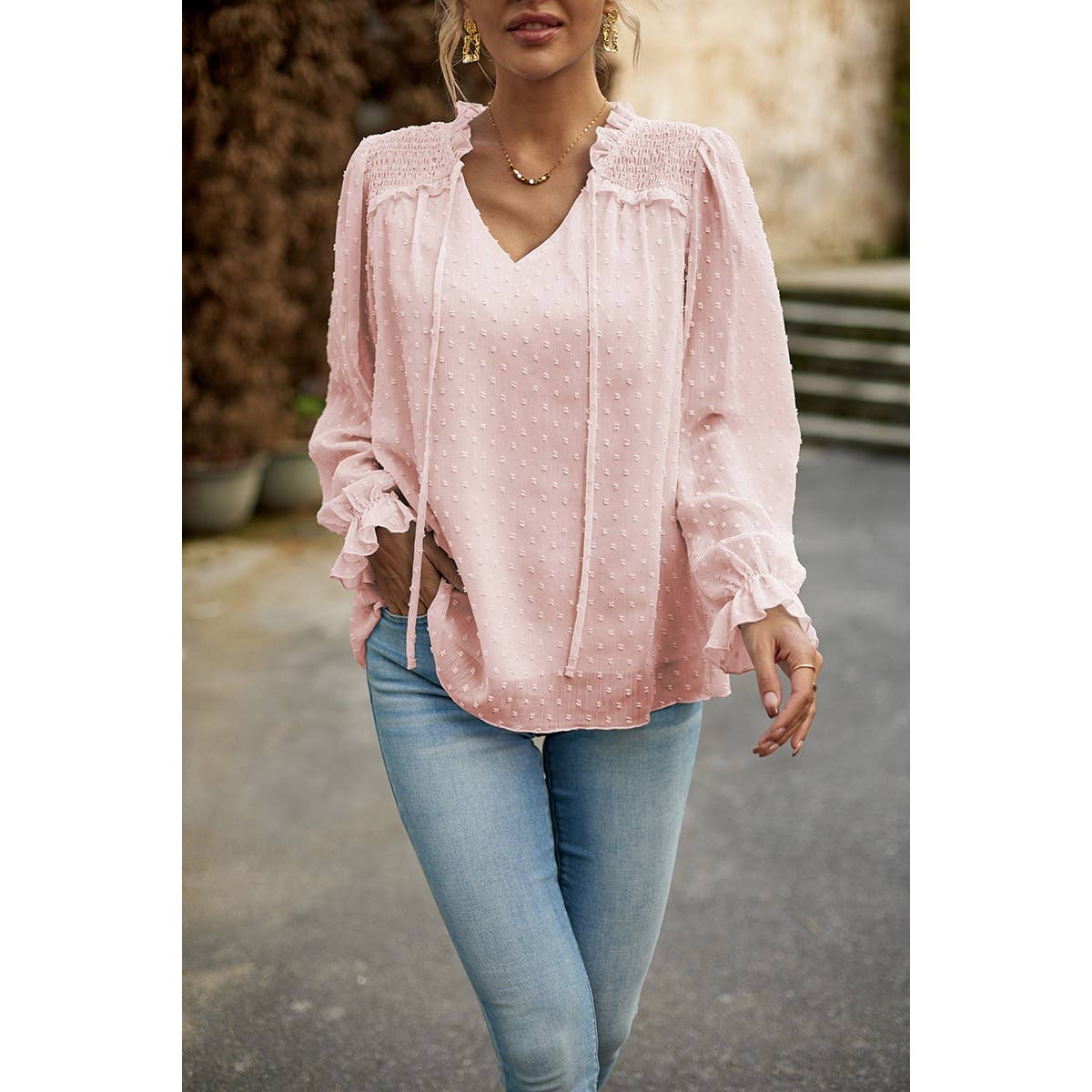 Elings - Wholesale Blouse - Women's - Swiss Dot Ruched Shoulder Hem Ruffle Blouse6