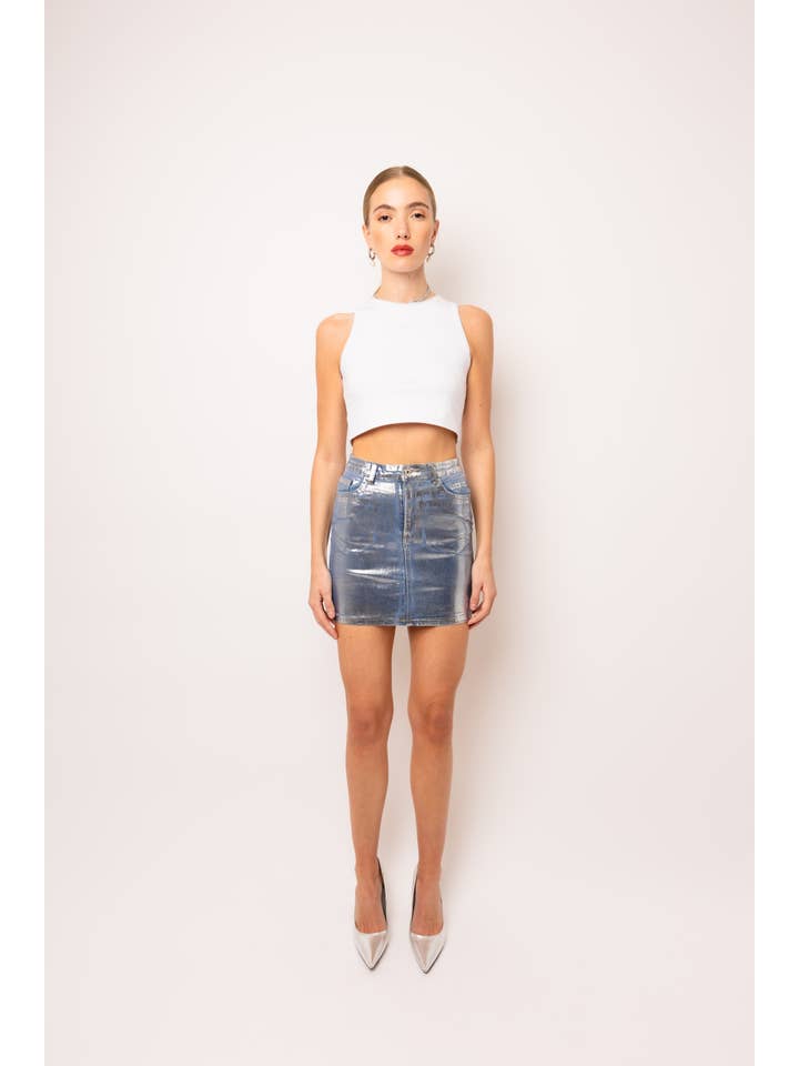 Blue Soho Stretch Metallic Denim Mini Skirt for wholesale on Faire