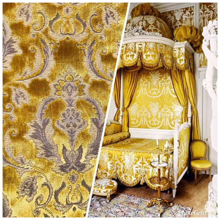 NEW Queen Estel Novelty Designer Italian Burnout Damask Velvet Fabric - Upholstery- BTY Gold for wholesale by Fancy Styles Fabric