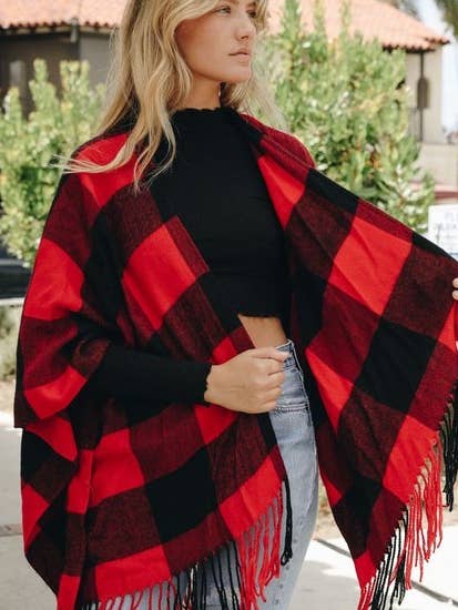 Leto Accessories - Wholesale Poncho - Women's - Buffalo Check Tassel Ruana - Fall & Winter Staple 🦬0