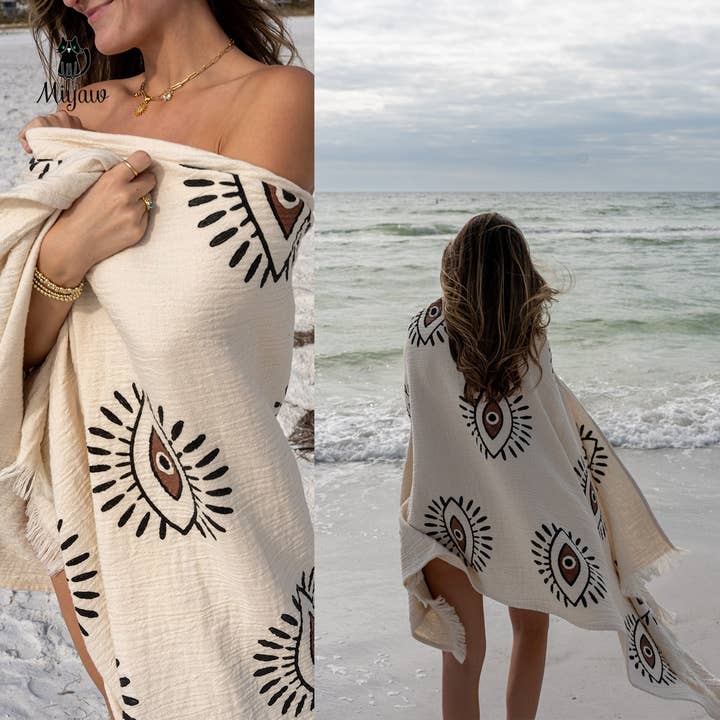 Pure & Chic, LLC - Miyawfashion - Wholesale Beach Towel - Boho Evil Eye Beach Towel – Cotton Beach Towel