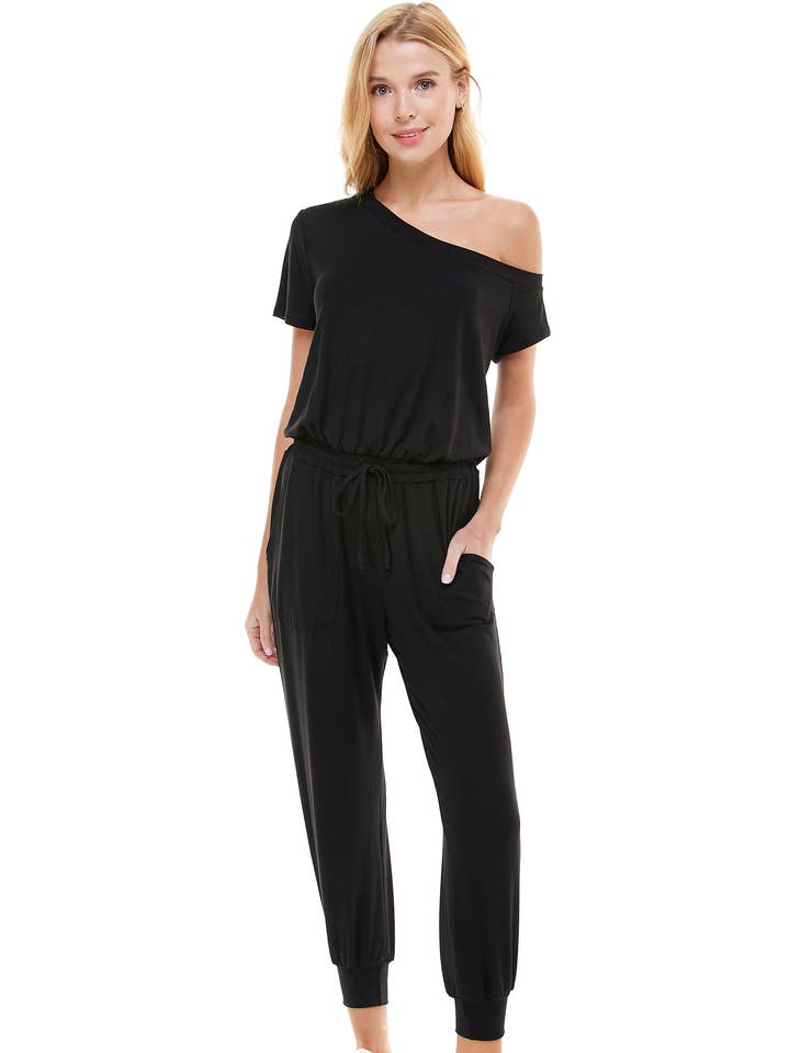 Off Shoulder Elastic Waist Drawstring Jumpsuit for wholesale by LOVING PEOPLE