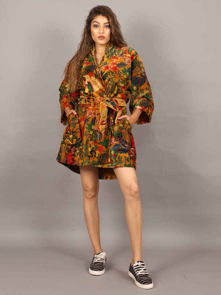 GYPSY STUDIO – wholesale Kimono – Women's – Cotton Velvet Short Kimono /Robe/Lounge Wear- Frida Kahlo Ye4
