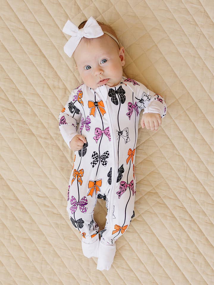 Bamboo Zip Romper | Spooky Bows for wholesale by Lucky Panda Kids
