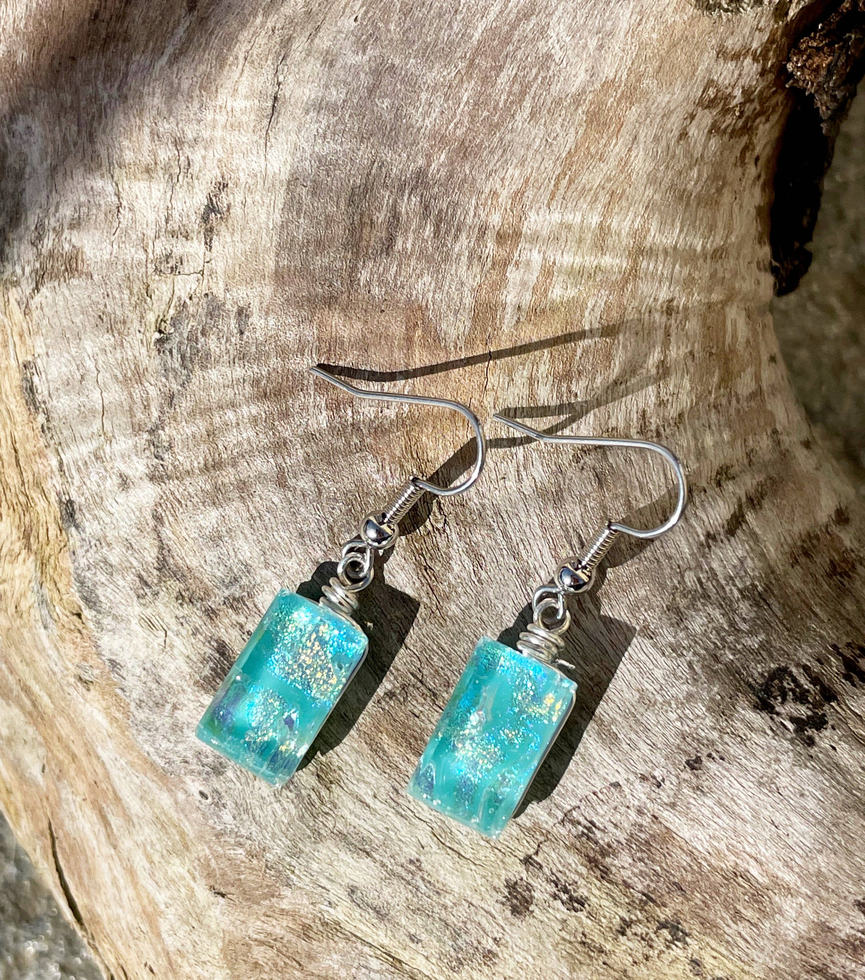 Flame Work Designs - Glass Jewelry - Wholesale Dangle Earrings - Dichroic Glass Earrings - Light Blue5