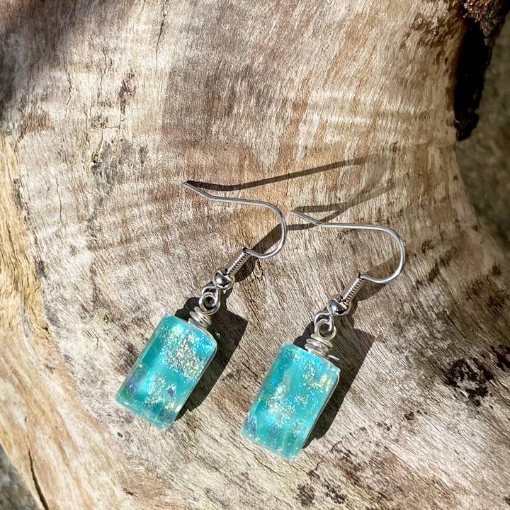 Flame Work Designs - Glass Jewelry - Wholesale Dangle Earrings - Dichroic Glass Earrings - Light Blue5