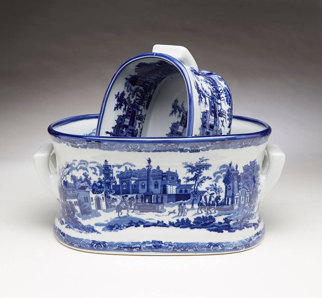 AA Importing - Vente Pot - Ensemble de 2 jardinières scène de village italien bleu et blanc4