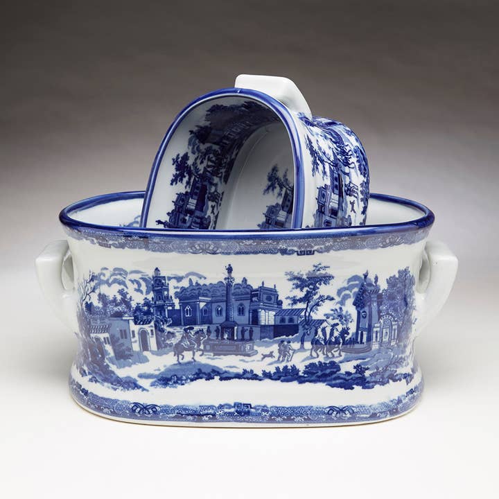 AA Importing - Vente Pot - Ensemble de 2 jardinières scène de village italien bleu et blanc4