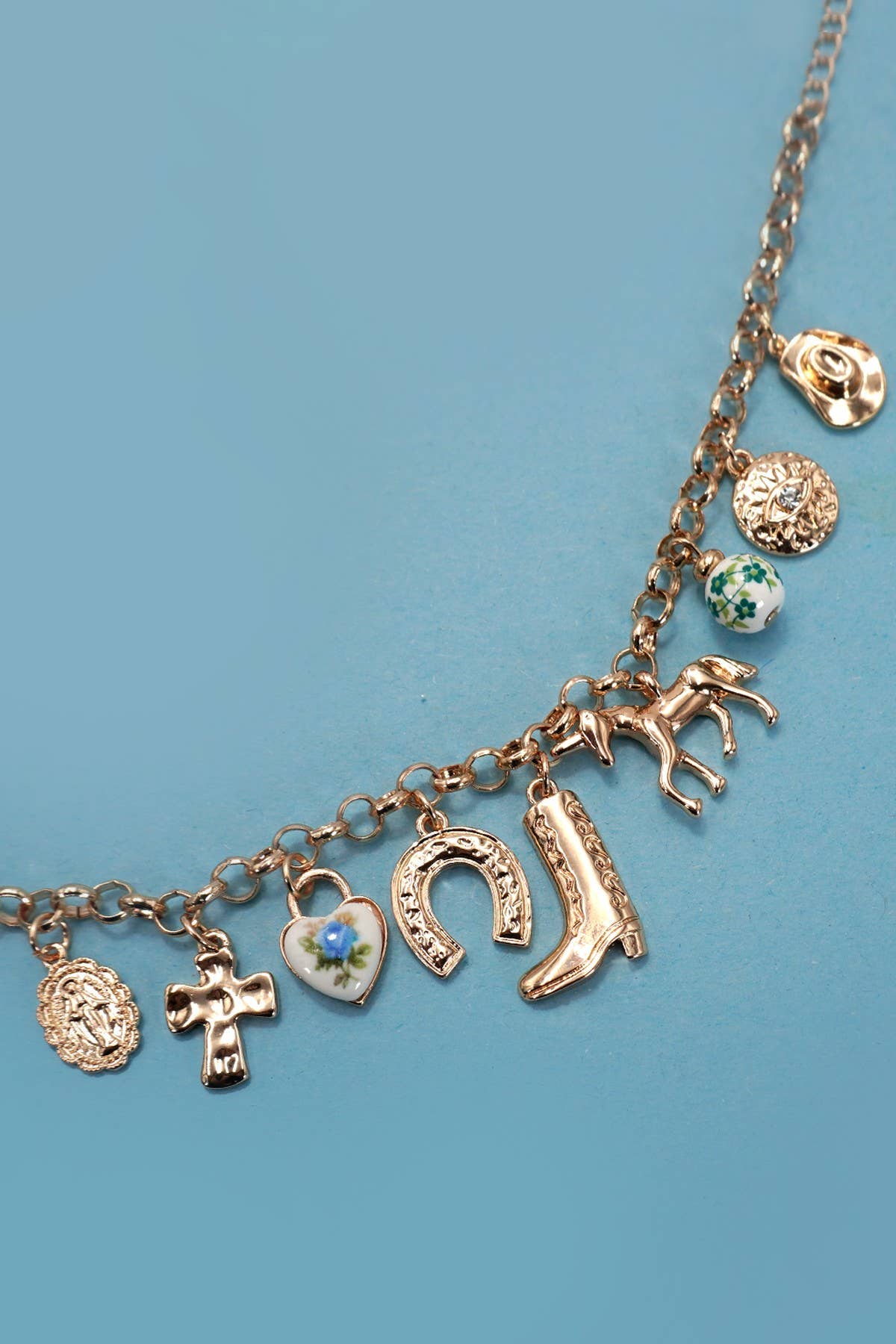 GOLD CHARM BRACELET - WESTERN BOOT CROSS PORCELAIN | 80B1345 for wholesale on Faire3