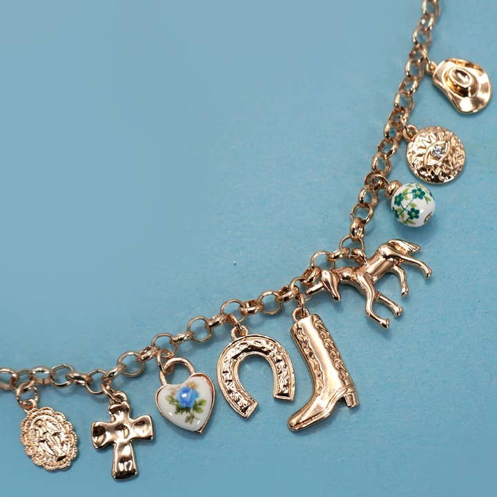 GOLD CHARM BRACELET - WESTERN BOOT CROSS PORCELAIN | 80B1345 for wholesale on Faire3