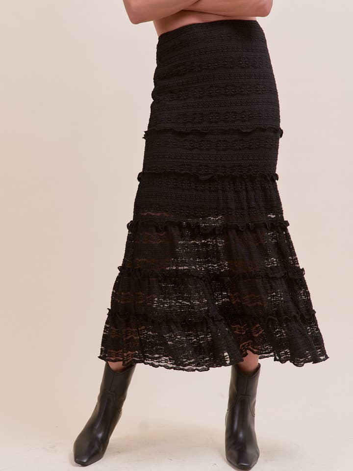 &MERCI - Wholesale Skirt - Women's - LACE TIERED RUFFLE TRIM MERMAID MIDI SKIRT MSK4395
