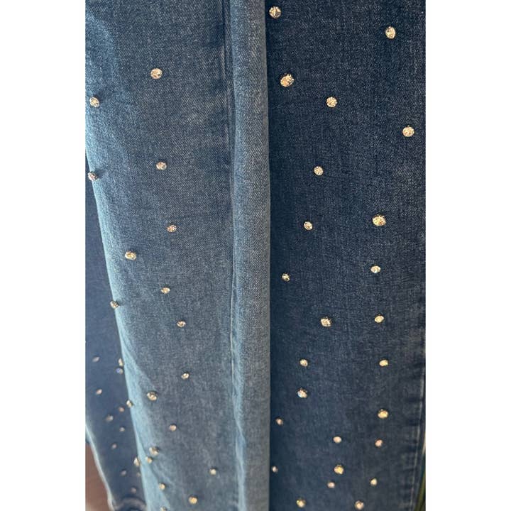 Curve Market - Wholesale Jeans - Women's - PLUS SIZE RHINESTONE STUDDED HIGH WAIST WIDE LEG JEANS