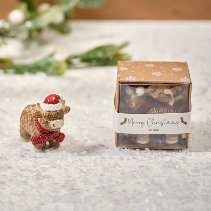 Ornamento Ricordo di Natale in Resina con Mucca delle Highland in Miniatura con Scatola ** per la vendita all'ingrosso da parte di Langs