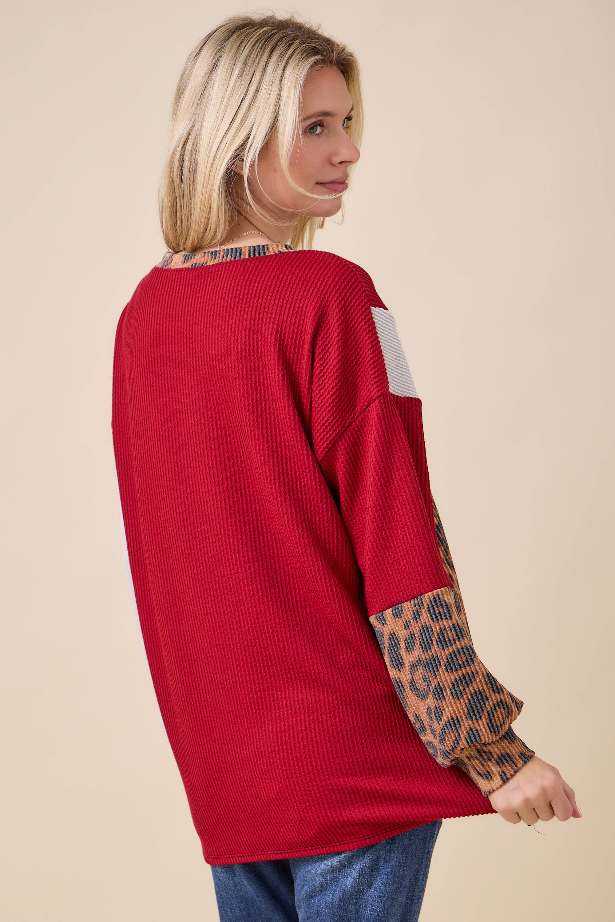 Celeste Clothing - Wholesale Knit Top - Women's - WOMEN'S RIB COLOR BLOCK ANIMAL PRINT LONG SLEEVE TOP24