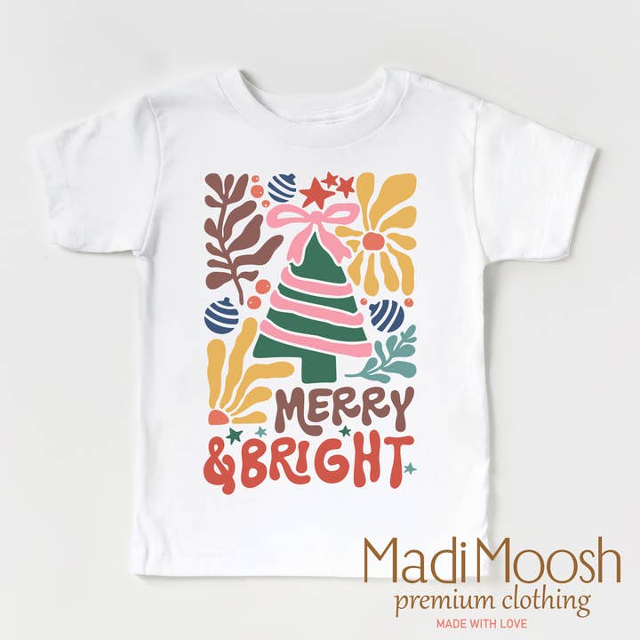 Madi Moosh - Wholesale Screen Printed T-Shirt - Kids - Boho Merry And Bright Christmas Shirt - Boho Christmas Tee1