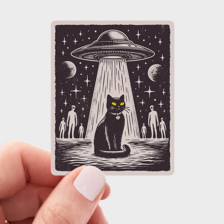 UFO Black Cat Sticker - outer space, alien, kitty, kitten for wholesale by Yarnival
