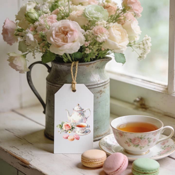 Theetijd Bloemige Cadeaulabels Set van 8 + Kraft Touw voor wholesale door Designs by Michaela