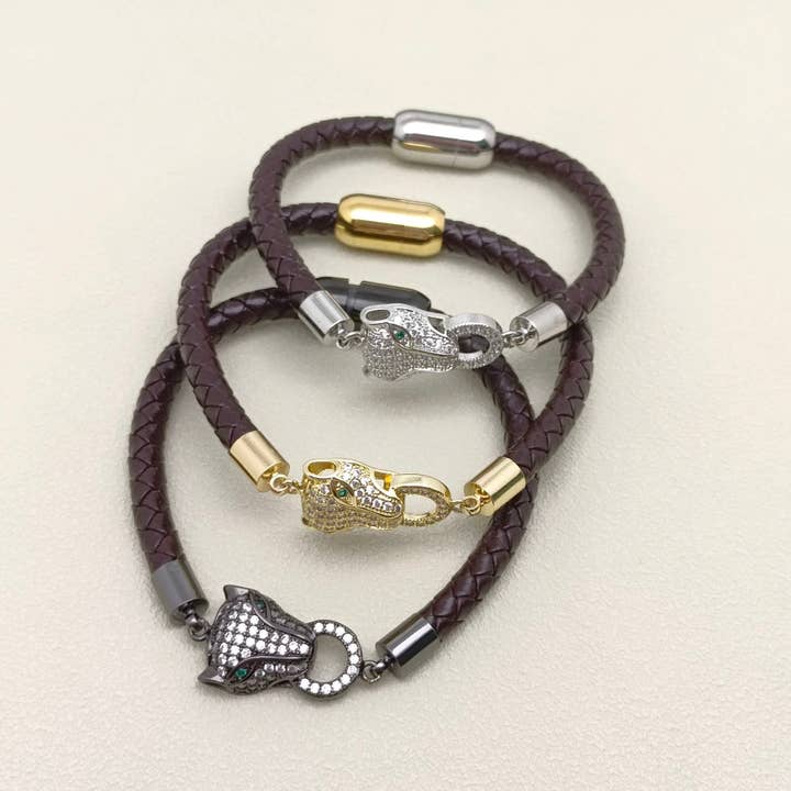 Mio Queena - Wholesale Bangle Bracelet - Inlaid CZ Leopard Head Charm Men's Leather Bracelet - MJ/BC4