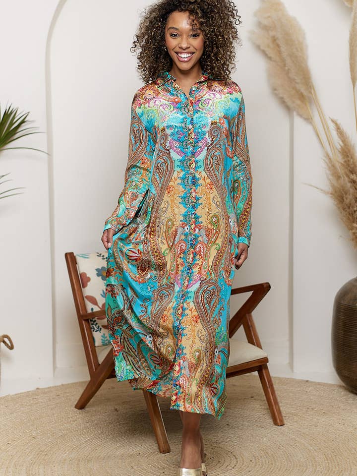 ANGELEYE – wholesale Dress – Women's – Luxurious Viscose Crepe Midi Shirt Dress in Premium Bohemian Orange Print1