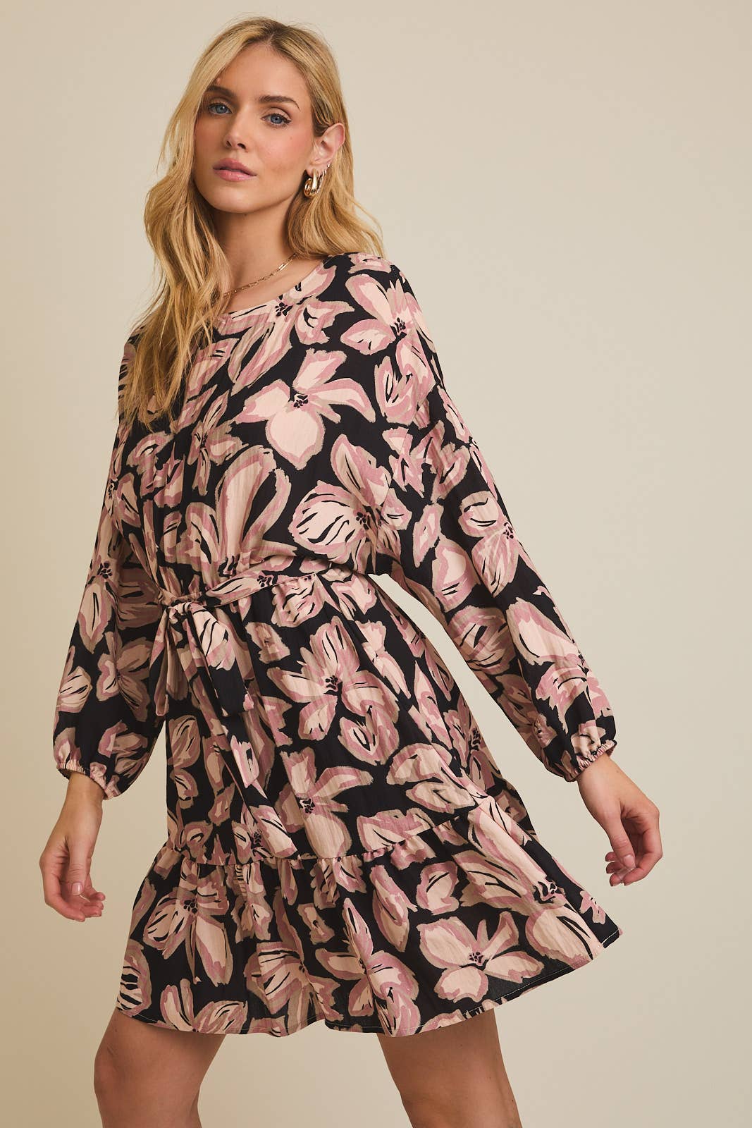 ROUND NECK DROP SHOULDER LONG SLEEVE WAIST TIE FLORAL DRESS for wholesale on Faire2