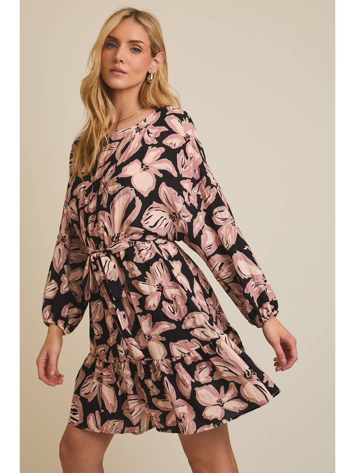 ROUND NECK DROP SHOULDER LONG SLEEVE WAIST TIE FLORAL DRESS for wholesale on Faire2