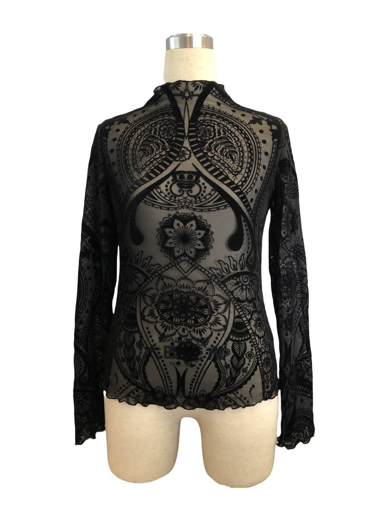 Black Paisley Velvet Print Mesh Top for wholesale on Faire3