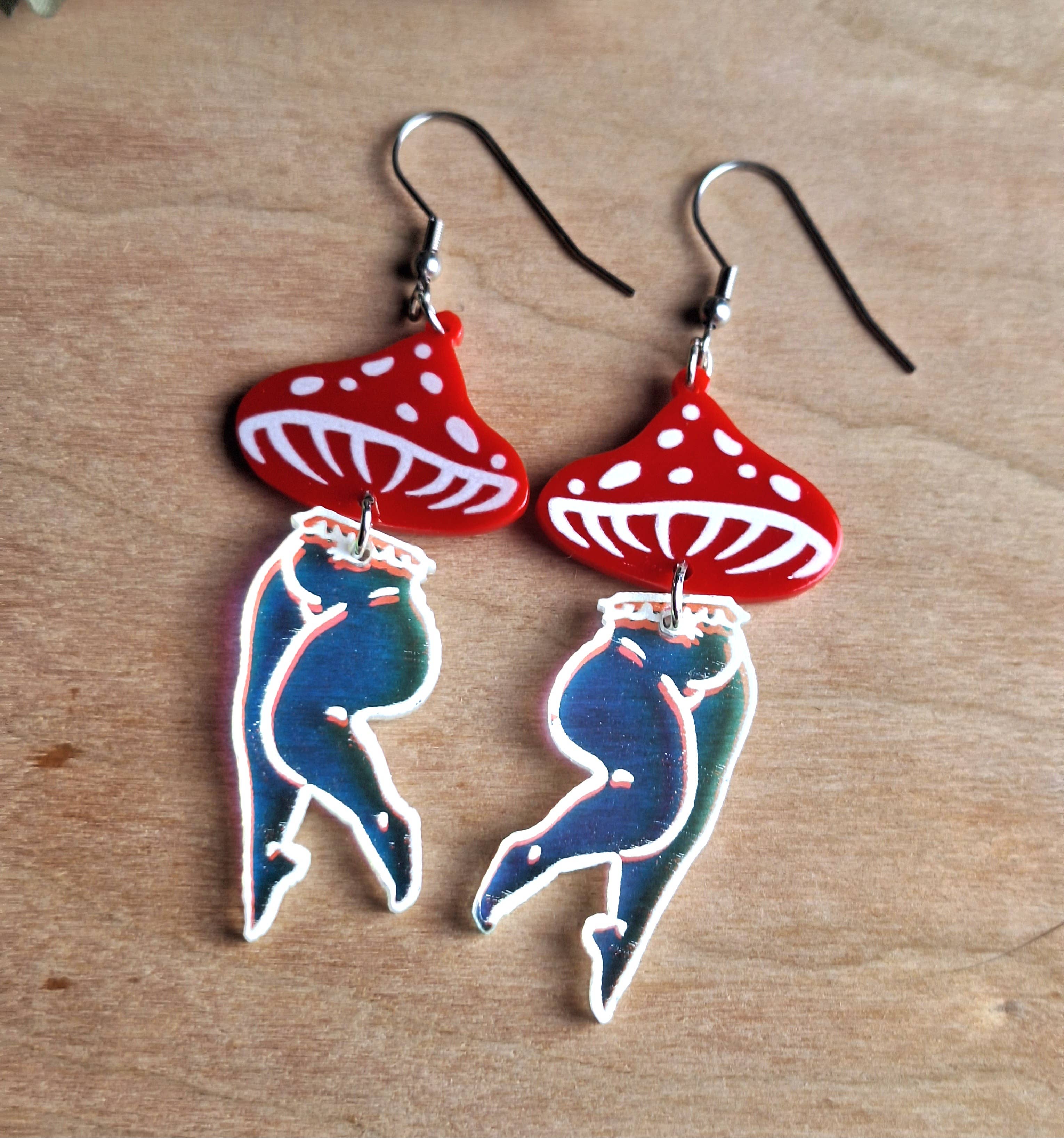 Jedi Woods LLC - Wholesale Dangle Earrings - Mushroom Lady Earrings with Red and Irredescent Acrylic8