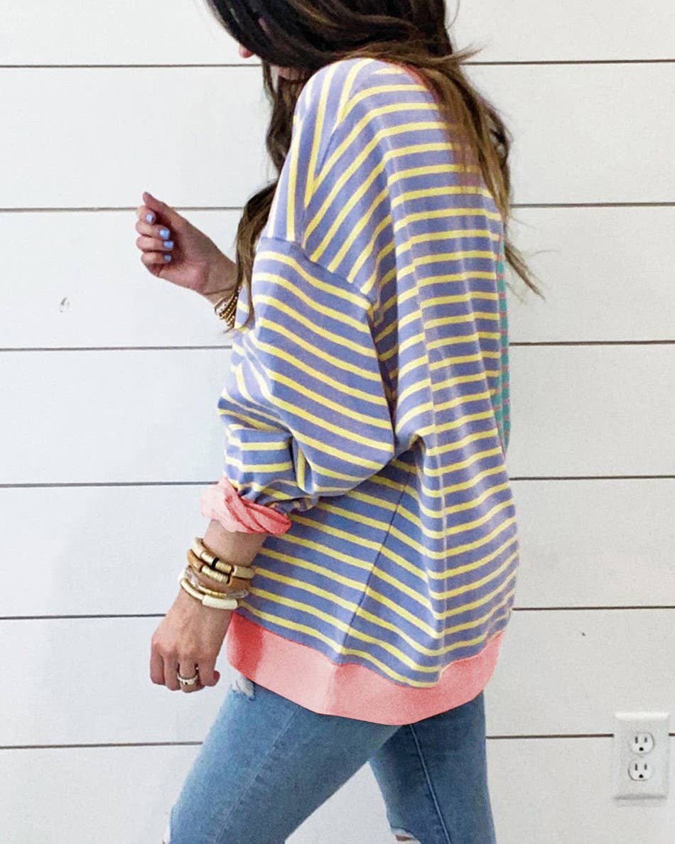 Rosa Clothing - Wholesale Sweatshirt - Women's - Casual Patchwork Contrasting Striped Sweatshirt4