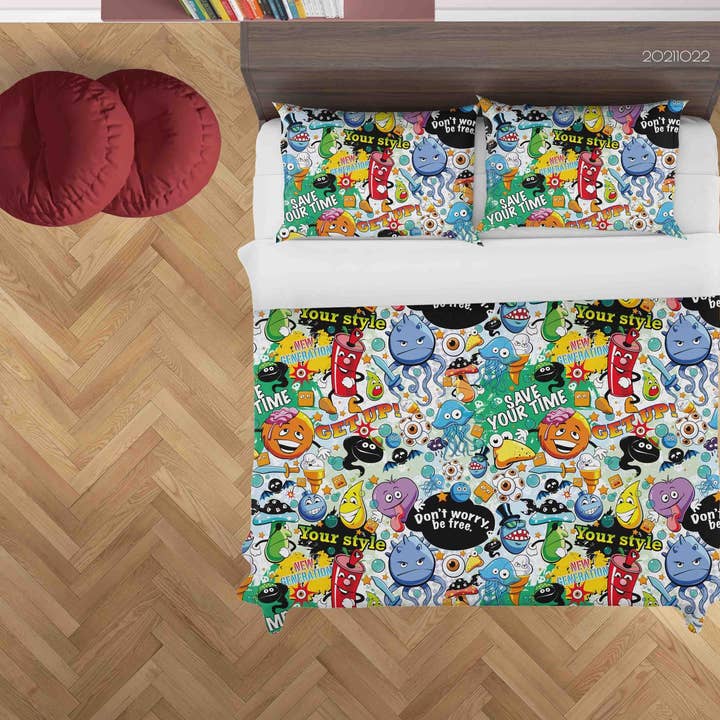 Ensemble de literie housse de couette graffiti monstres colorés dessin animé 3D avec taies d'oreiller 82 pour la vente par Jess Art Decoration