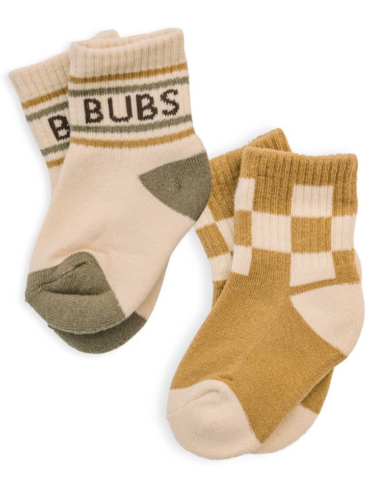 Dot of Honey | Mom + Mini - Wholesale Socks - Kids - Baby/Toddler Half-Crew Socks 2-Pack, Checkered & Bubs Stripe