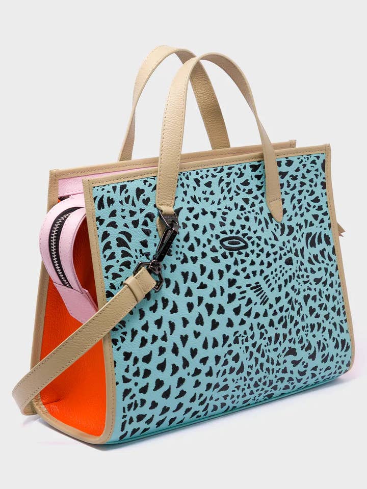 Simon Eggshell Blue Leather Medium Handbag - Retro Tiger Design for wholesale by Min & Mon